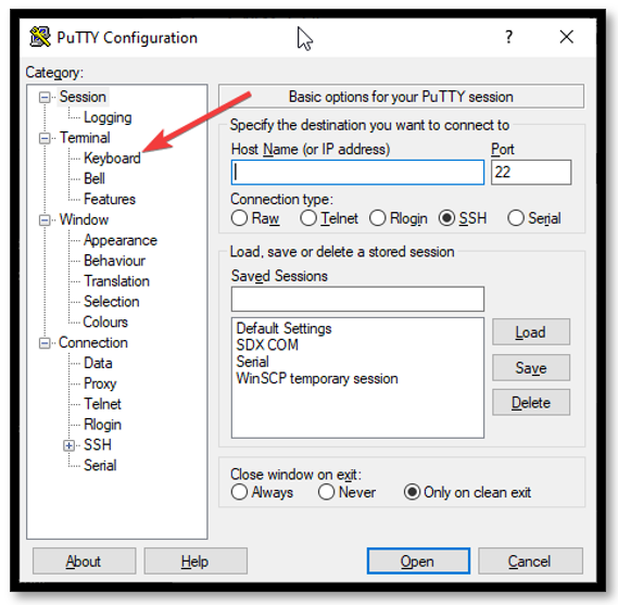 Reconfiguring PuTTy Sessions to Preserve Backspace Key